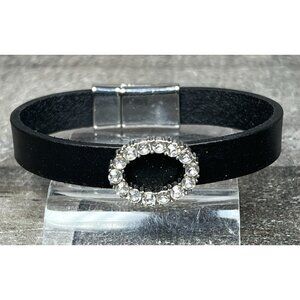 Plunder Thrilling Bracelet Black leather cuff accented clear crystals NEW NIB